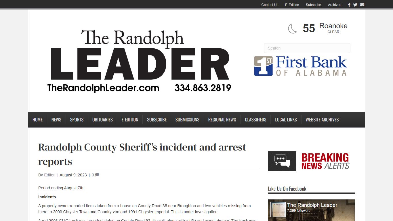 Randolph County Sheriff’s incident and arrest reports